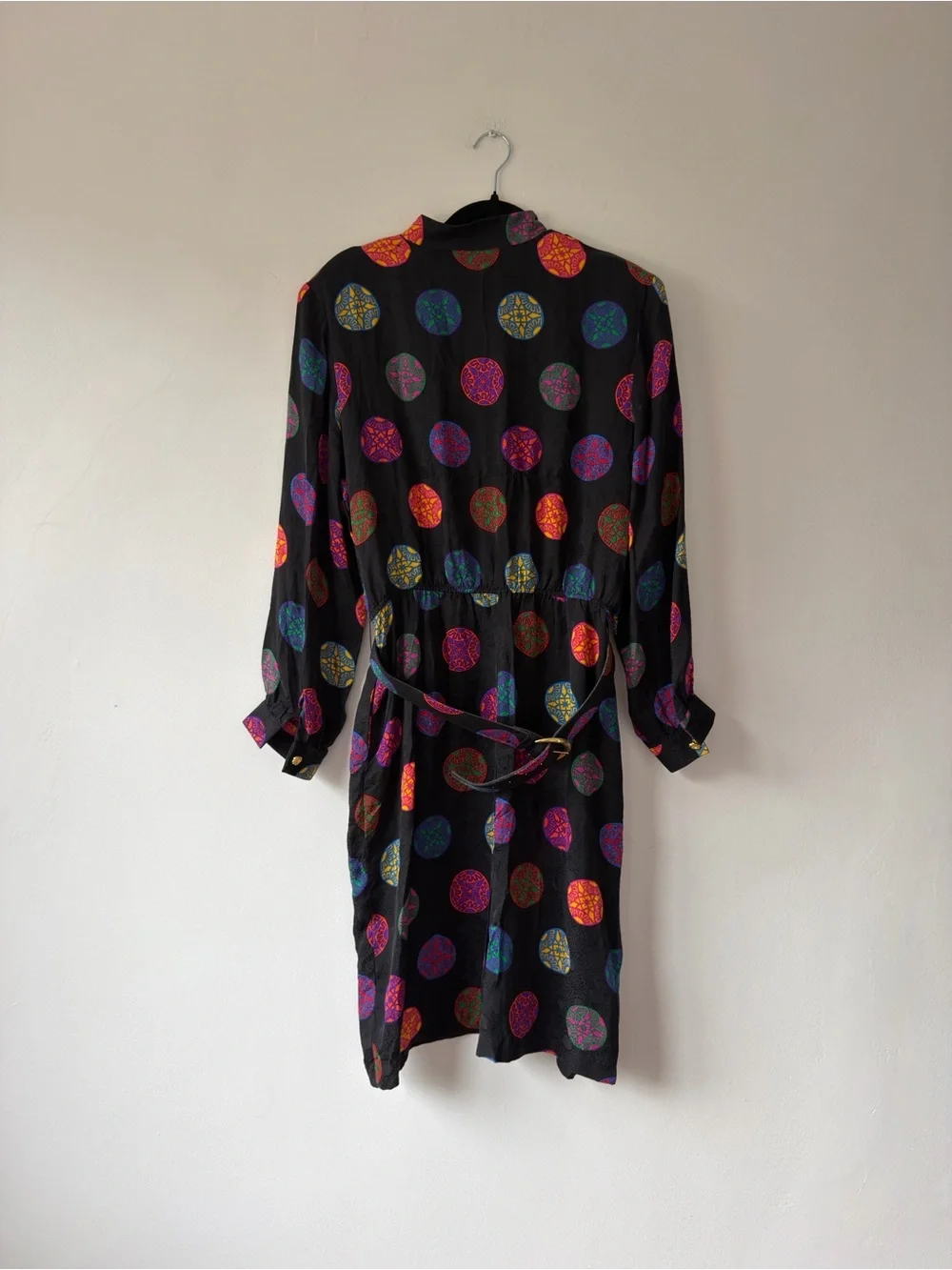 Vintage Women's Black Dress with Multicolor Circle Print 100% Silk